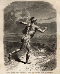 Den kejserlige løber, der bærer Mikado depeches. Indgravering til illustration af rejsen til Japan i 1863-1864 af Aime Humbert, minister for Det Schweiziske Forbund, i "" Le tour du monde, nouveau journal des voyages"" udgivet under ledelse af Edoua