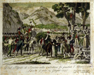 Indbyggerne i Sondrio de la Valtellina planter Libertes træ, symbol på sejr over det gamle regime. 14/06/1797. Gravering.