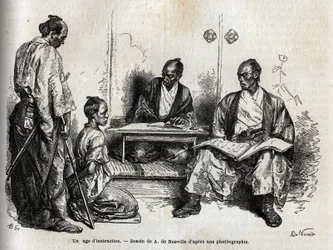 Under udførelsen af sine pligter, knælende foran ham, anklager undersøgelsesdommeren ham for en samurai. Indgravering til illustration af rejsen til Japan i 1863-1864 af Aime Humbert, minister for Det Schweiziske Forbund, i "Le tour du monde, nouveau jo