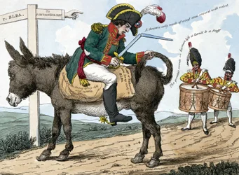 En moderne helts rejse til øen Elba. En moderne helts rejse til øen Elba. Denne tegneserie viser Napoleon Bonaparte siddende på et æsel på vejen fra Fontainebleau til Elba-øen; han holder en sværdkasse i den ene hånd og den