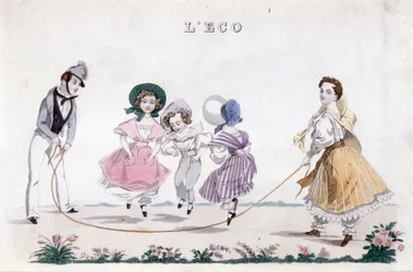 Springrebet, gruppe børn af borgerskabet leger. 1830