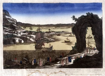 Franskmændenes landgang for etableringen af den nye koloni i havnen Nouvelle Cayenne (eller France Equinoxiale)