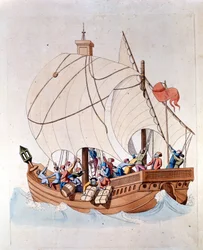 Lastningen af en karavel fra det 13. århundrede er på havet.