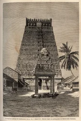 Hovedgopuram i Rama a Combaronum-templet, der består af 11 etager og toppet af 11 bolde, er de forskellige flader af dette pyramideformede tårn fuldstændigt dækket af statuer. Gravering for at illustrere rejsen til de meridionale provinser i Indien, af A