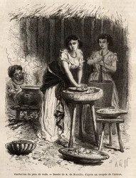 Fremstilling af majsbrød, grundlaget for mad, af kvinder i Great Cauca Valley (Colombia). Gravering til illustration af rejsen til New Granada, af Dr. Saffray, i 1869, udgivet i "" Le tour du monde""" 1873, redigeret af Edouard Charton, udgave Hachet