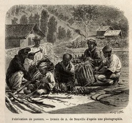 Fremstilling af palmebladskurve, til indsamling af kaffe. Gravering til illustration af rejsen til Brasilien, historie af M. og Mme Agassiz, i 1865-1866, offentliggjort i "Le tour du monde, nouveau journal des voyages", under ledelse af Edouard Charto