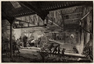 Fremstillingen af skinnerne i de gamle smedjer i Le Creusot, stålstrimlerne, hvide af varme, strækker sig i skinner mellem valseværkerne. Gravering til illustration af en rejse til Creusot og minerne i Saone og Loire, i 1865, af L. Simonin, i "" Le tou