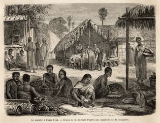 Markedet i Phnom Penh, hvor malaysiske butiksejere og kinesiske handlende tilbyder en bred vifte af forbruger- og fremstillingsprodukter. Gravering for at illustrere udforskningsrejsen i Indokina af Francis Garnier, løjtnant de Vaissseau, i 1866-1868,