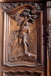 San Sebastians martyrium, detalje af den udskårne trædør til kirken for den ubesmittede undfangelse, Menton.