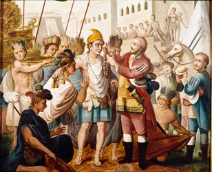 Mødet mellem Hernan (eller Hernando) Cortes eller Fernand Cortez (1485-1547) og den aztekiske konge Montezuma (eller Moctezuma: 1466 - 1520) i november 1519 Anonymt maleri fra det 19. århundrede. Museum of America, Madrid.