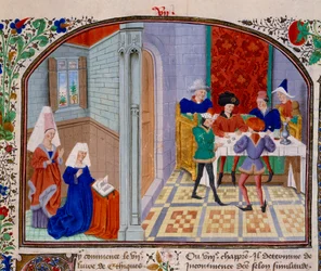 Miniaturespillet fra manuskriptet "" Commentary on Ethics"" af den græske filosof Aristoteles (383-322 f.Kr.) oversat af Nicolas Oresme (1325-1382)