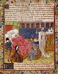 Patienten er ramt af miniaturedøden taget fra "" Le Tresor de Sapience"" (eller "Le traite du jardin amoureux") af Jean Gerson (1363-1429) Chantilly fra det 15. århundrede, Musee Conde