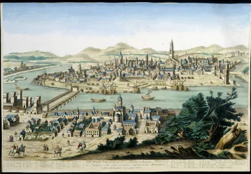 Havnen og byen Sevilla - gravering af det 18. århundrede.