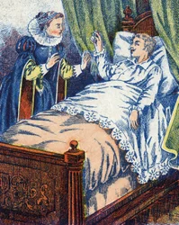 Prinsen viser ringen til sin mor. Anonym illustration til "" Æselskind""-fortælling af Charles Perrault (1628-1703), fransk forfatter. Billedmateriale Marcel Vagne, Jarville Nancy, udateret (slutningen af det 19. århundrede).