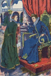 Prinsessen vil rådføre sig med sin gudmor. Anonym illustration til "" Æselskind""-fortælling af Charles Perrault (1628-1703), fransk forfatter. Billedmateriale Marcel Vagne, Jarville Nancy, udateret (slutningen af det 19. århundrede).