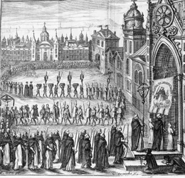 Inkvisitionens procession går til tribunalet. Spanien. 17. århundrede
