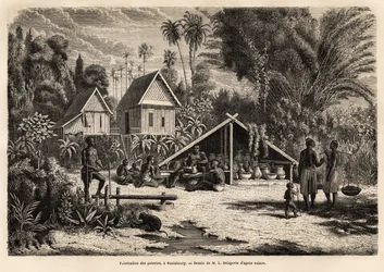 Produktion af keramik i Saniaboury (Laos). Gravering til illustration af udforskningsrejsen i Indokina af Francis Garnier, løjtnant de Vaissseau, i 1866-1868, udgivet i "" Le tour du monde""" 1870-1871, redigeret af Edouard Charton, udgave Hac