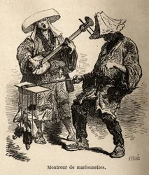 Dukketeateret og musikeren, der ledsager ham til gadeunderholdning. Gravering til illustration af rejsen til Japan af Aime Humbert, minister for det schweiziske forbund, i 1863-1864, udgivet i "" le tour du monde"", under ledelse af Ed