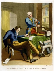 Ordsproget: "Biblioteket får ikke mennesket til at dyrke"". Illustration fra en samling af ordsprog fra det 18. århundrede.