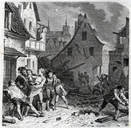 Barberingsfadet i Lille. En episode fra belejringen af Lille i 1792 under de franske uafhængighedskrige - Le siege de Lille en octobre 1792 - Revolution francaise - Bombardement af østrigere og preussere - Barber bruger en halv bombe som skægfad - engr