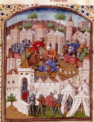Belejringen af en by og massakren af dens indbyggere Miniature taget fra "The Facts of the Romans"" (eller Li Fet of the Romans), samler Saluste og Suetoine og Lucan. 15. århundrede (ms. 1055, fol. 417) Chantilly, Musee Conde