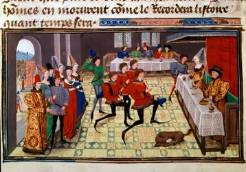 Bryllupsbanketten ved brylluppet af Clarisse, datter af kong Yvon af Gascogne og Renaud Miniature fra manuskriptet "Renaud de Montauban" eller "Les quatre fils Aymon" af Loyset Liedet (aktivt mellem 1448 og 1478). Fru 5073. 1400-tallets Bibliotheque