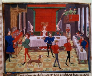 Bryllupsbanketten ved brylluppet af Clarisse, datter af kong Yvon af Gascogne og Renaud Miniature fra manuskriptet "Renaud de Montauban" eller "Les quatre fils Aymon" af Loyset Liedet (aktivt mellem 1448 og 1478). Fru 5073. 1400-tallets Bibliotheque