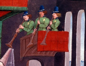 Bryllupsbanket for Clarisse, datter af kong Yvon af Gascogne og Renaud Detail, der repræsenterer trompetisterne. Miniature fra manuskriptet "Renaud de Montauban" eller "Les quatre fils Aymon" af Loyset Liedet (aktivt mellem 1448 og 1478). Fru 5073.