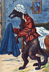 Ulven tager bedstemoderens tøj på. Anonym illustration til "Den lille rødhætte", fortælling af Charles Perrault (1628-1703), fransk forfatter. Billedmateriale Marcel Vagne, Jarville Nancy, udateret (slutningen af det 19. århundrede).
