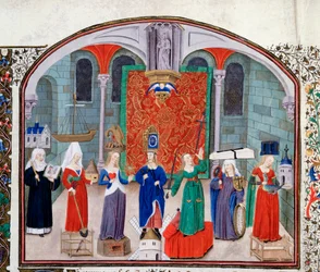 Teori om teologiske og kardinaldyder. Miniature fra manuskriptet (Ms 927 fol.17V) "" Commentary on Political and Economic Ethics"" af den græske filosof Aristoteles (383-322 f.Kr.) oversat af Nicolas Oresme (1325-1382)