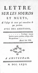 Titelside på "" Brev om døve og stumme til brug for dem, der hørte og taler" af Denis Diderot