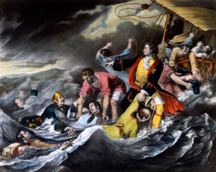 Zar Peter I den Store (1672-1725) redder soldater fra at drukne under en storm. Anonymt tryk omkring 1724. St. Petersborg. Eremitagens bibliotek