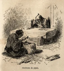 To arbejdere, hver med en hammer og et slag, er ved at udskære metalrør i deres værksted. Gravering til illustration af rejsen til Japan af Aime Humbert, minister for det schweiziske forbund, i 1863-1864, udgivet i "" le tour du monde"", under instruktion
