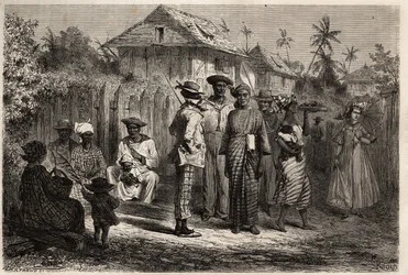 Typer af indfødte Cayenne (Fransk Guyana), kvinder klædt i ungt træ (knyttet kjole) af madras og klædt med farverige turbaner, mændene adopterede det vestlige kostume. Gravering til illustration af rejsen i Fransk Guyana i 1862-1863 af Frederic Bouyer, ca.