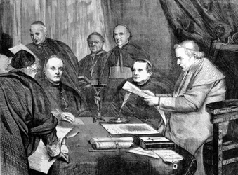 Vatikankoncilet I. Pave Pius IX omgivet af medlemmer af rådets bestyrelse. 1869