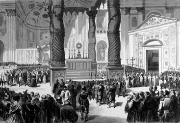 Vatikankoncilet I. Rom. Prælaterne krydser St. Peters basilika til konsilsalen. 1870