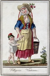 Venetiansk landsby med sin søn. 1700-tals stik.