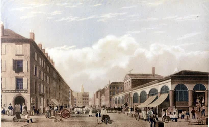 Udsigt over New York: Marked ved Fulton Street. SD litografi omkring midten af 1800-tallet.