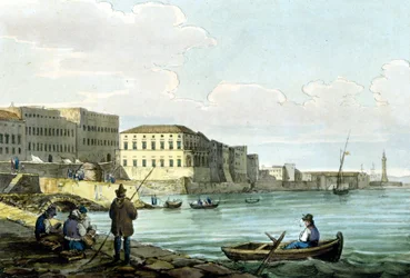 Udsigt over Santa Lucia, Napoli. Akvarel omkring 1850.