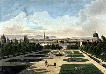 Udsigt over Wiens Belvedere, østrigsk barokpalads bygget af Eugene de Savoye. Litografi af det 19. århundrede