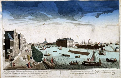 Udsigt over Admiralitetet i Amsterdam af butikkerne i bassinerne og byggepladserne, der ejes af dem og Company of the East Indies of Holland - Optisk udsigt