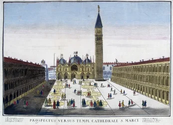 Udsigt over Basilikaen og Campanile fra Markuspladsen (San Marco) i Venedig, Italien. Stik af det 18. århundrede.