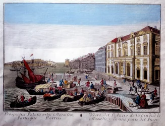 Udsigt over Hotel de Ville og en del af havnen i Marseille. Scene for handel og losning af varer på kajen. Anonym gravering af Marseille fra det 18. århundrede, Musee de la Marine