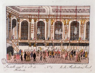 Udsigt over den kejserlige og kongelige sal af Redoubt i Wien, Østrig. Stik fra 1815 Privatsamling