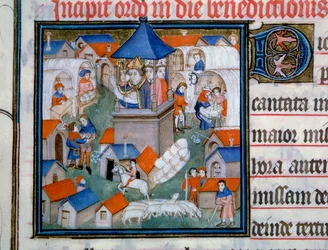 Udsigt over Lendit-messen, populær sammenkomst og gåture i byen Saint Denis Festen i Paris velsignede åbningen af denne begivenhed. Miniature fra "Pontifical de Sens"" 1300-tallets Paris, B.N.