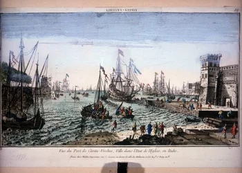 Udsigt over havnen i Civitavecchia, by i kirkens stat, Italien. Optisk billede af det 18. århundrede.