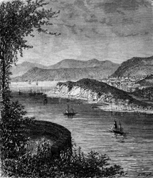 Udsigt over St. Lawrence-floden i Nordamerika. 1800-tals gravering