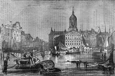 Udsigt over byen Amsterdam og det gamle rådhus i det 19. århundrede.