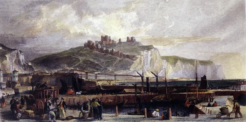 Udsigt over byen Dover og dens høje hvide kridtklipper i England. 1850.