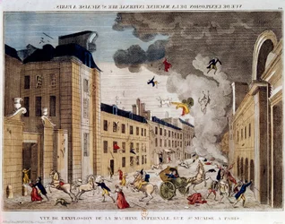 Udsigt over eksplosionen af den infernalske maskine i rue Saint Nicaise i Paris på 3. nivose an IX. Den infernalske maskines sammensværgelse er en sammensværgelse for at dræbe Napoleon Bonaparte, den nye førstekonsul efter kuppet den 18. Brumaire. En ind